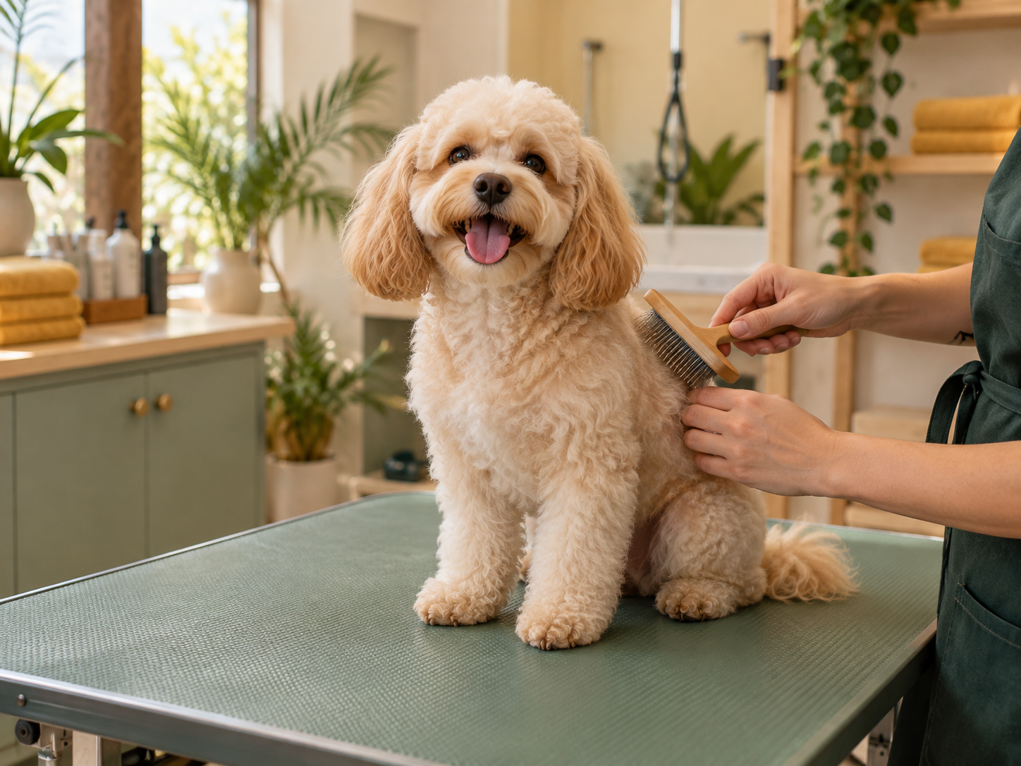 Escena de grooming con un perro siendo cepillado